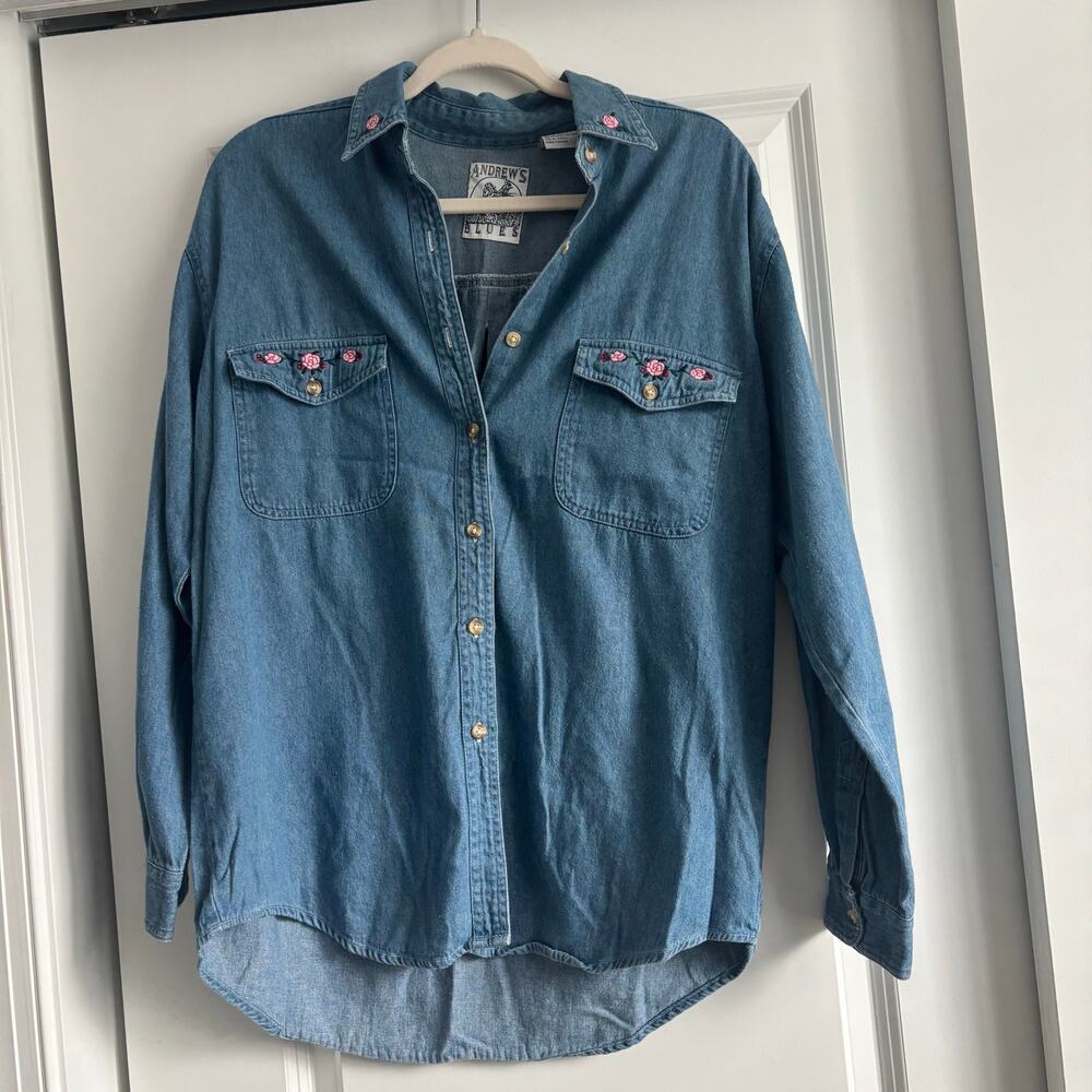 VTG Andrew’s Blues Women’s Denim Button Up Shirt Sz M Western Cowgirl Rodeo